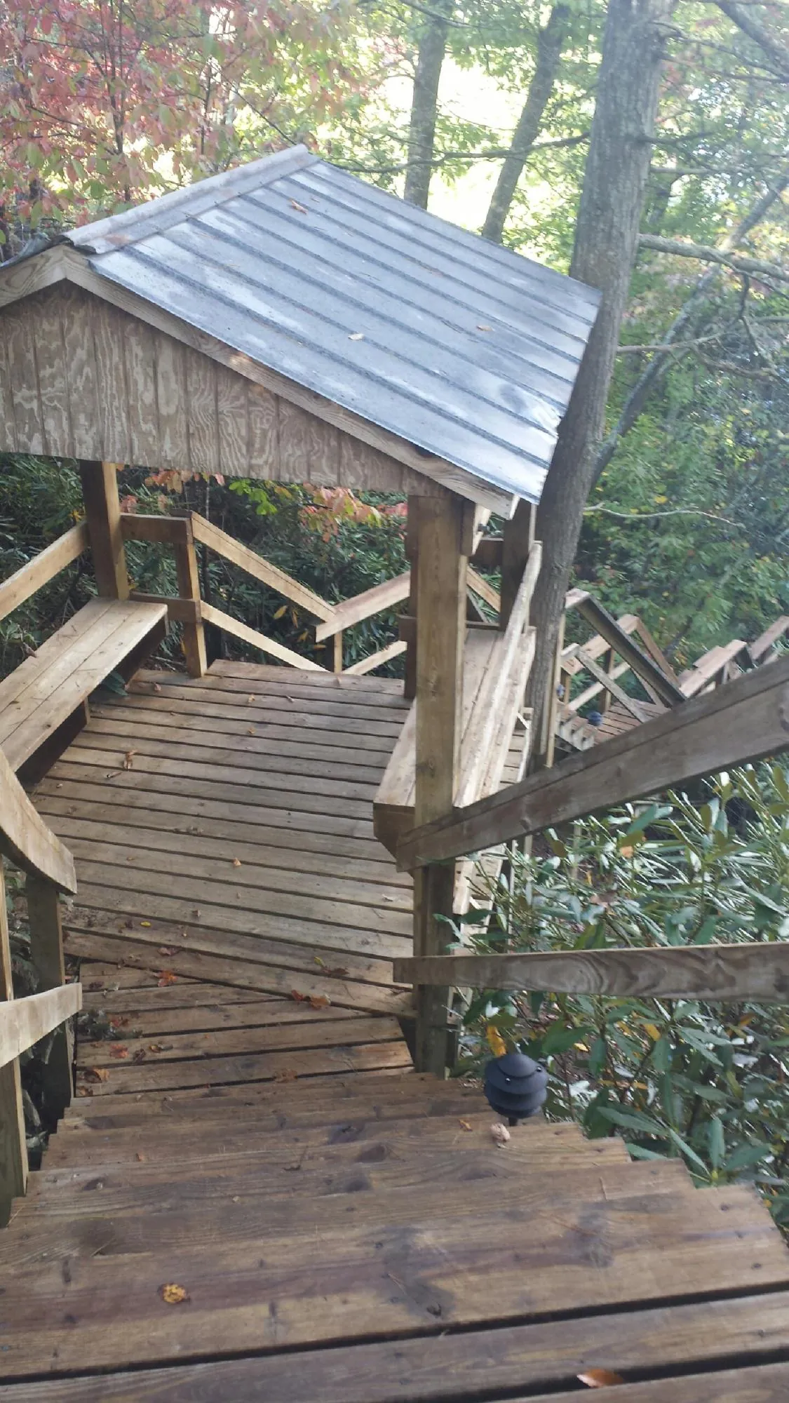 Metal roofed shelter over wooden steps on a wooded walkway — Skylight Repair & Installation work by our crew in Harpster